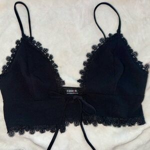 Fashion Nova black front self tie embroidered crop top